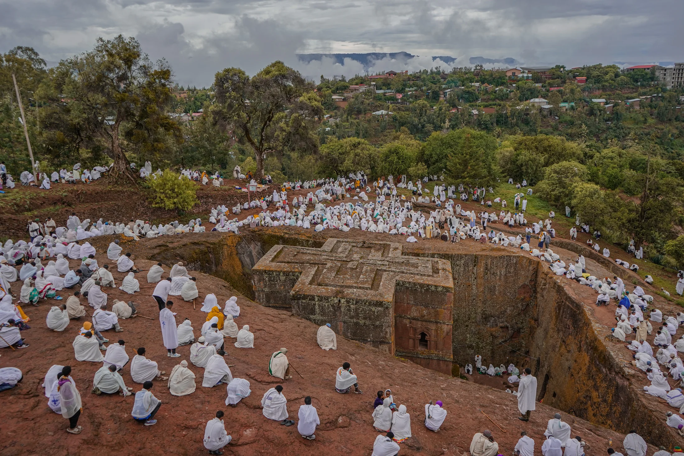 Pilgrims at a rock-hewn church in Lalibela